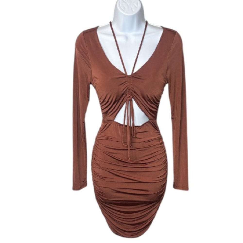 Vntg - Sexy Brown Strappy & Ruched Dress - Size Small